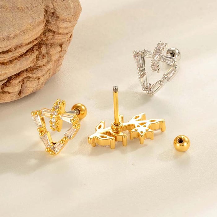 Orecchino piercing in zircone color oro e rame a forma di cuore, 1 pezzo h5Immagine3