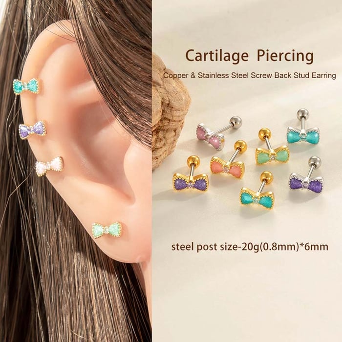 1 Piece Polychrome Bow Knot Copper Gold Color Zircon Women's Piercing Earrings h5Picture5