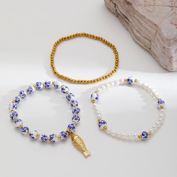Bracelet de perles pour femme, série classique, élégant, en céramique, couleur or, motif floral h5Image4