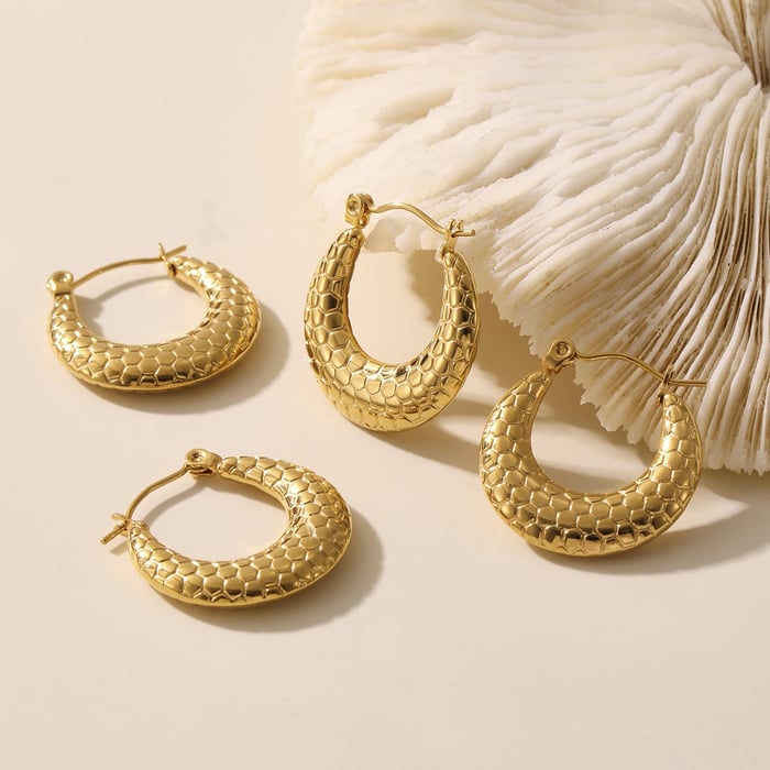 1 Pair Simple Honeycomb Print Stainless Steel Gold Color Women's Hoop Earrings h5Picture6