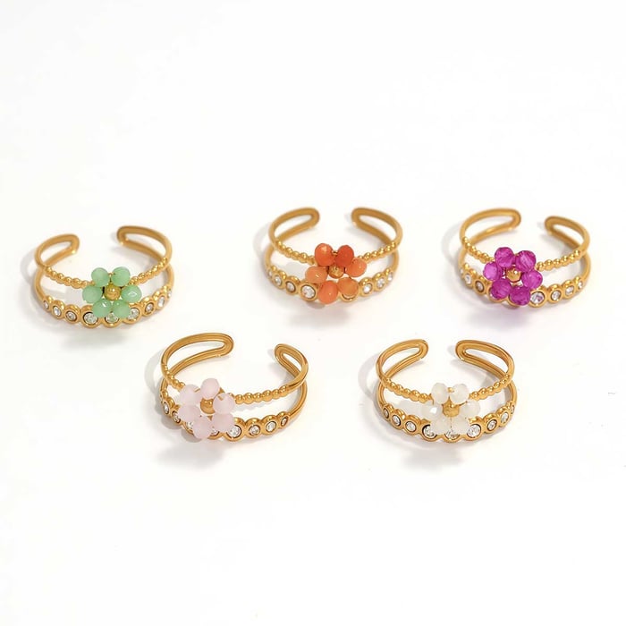 1 Piece Casual Flower Woven Stainless Steel  Gold Color  Beaded Rings h5Picture5
