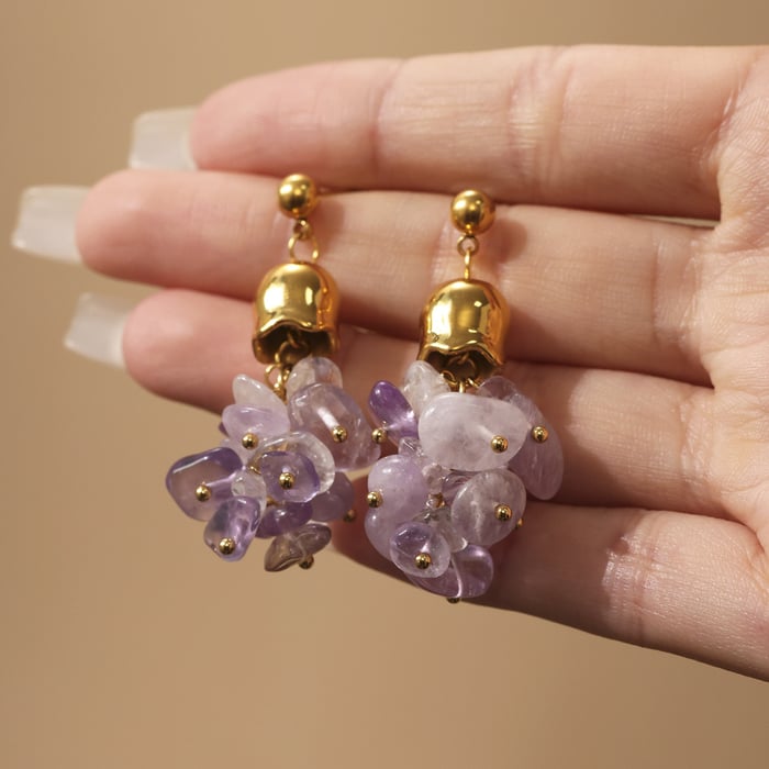1 Pair Natural Stone Tassel Stainless Steel Gold Color Women's Drop Earrings h5Picture4
