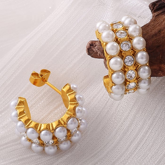 1 Pair Stainless Steel Gold Color Rhinestone Pearl Hoop Earrings h5Picture3