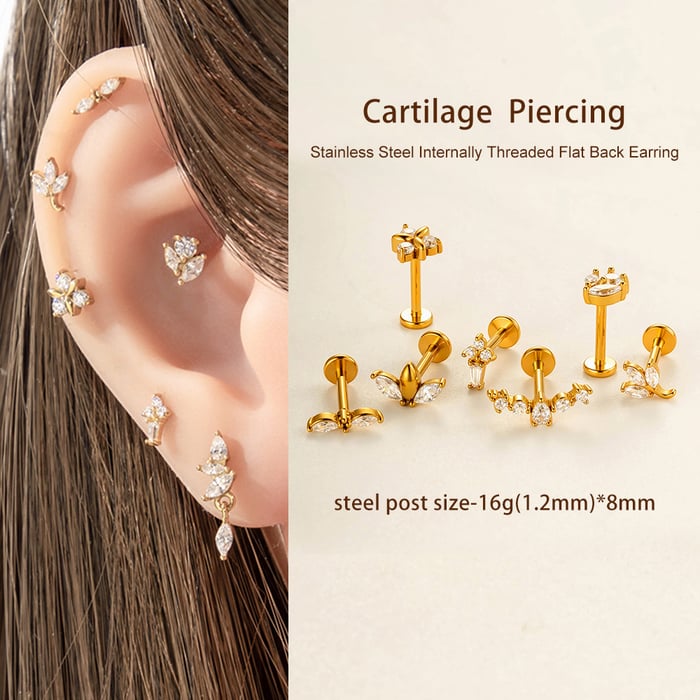 1 Piece Leaf Shape Stainless Steel Gold Color Zircon Piercing Earring h5Picture4