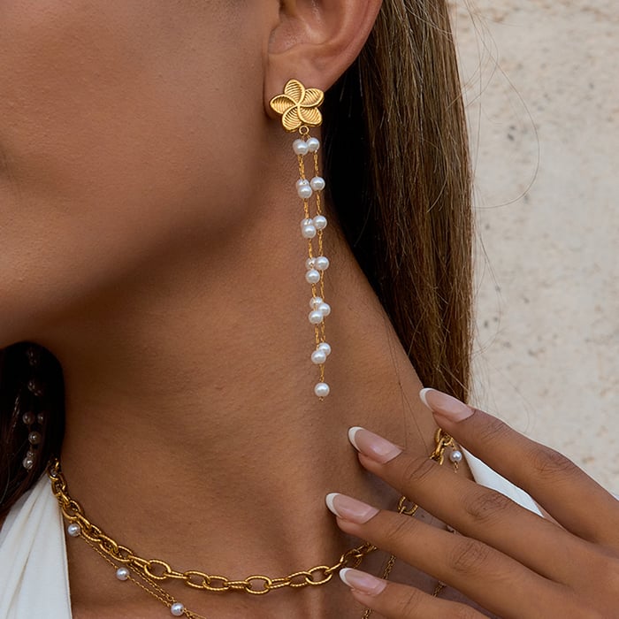 1 Pair Elegant Flower Tassel Stainless Steel Gold Color Women's Drop Earrings h5Picture5