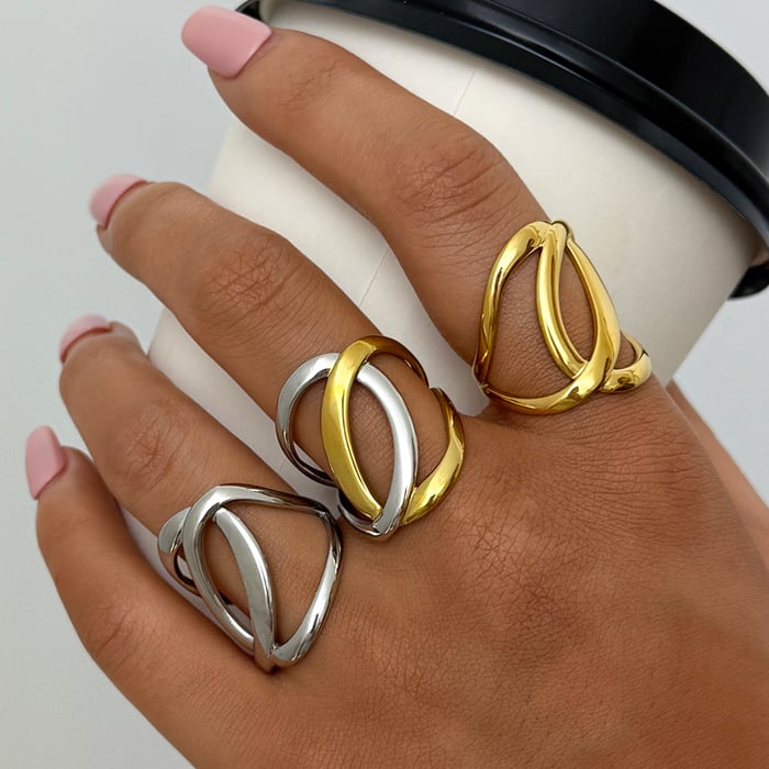 1 Piece Simple Overlap Circle Shape Stainless Steel Gold Color Statement Rings h5Picture4