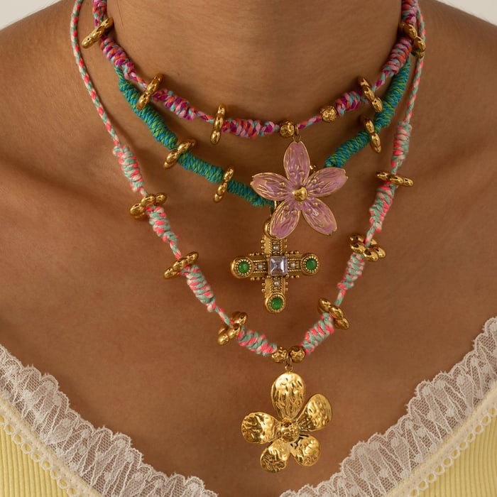 1 Stück Blume Handgewebtes Seil Edelstahl Goldfarben Damen Anhänger Halsketten h5Bild5