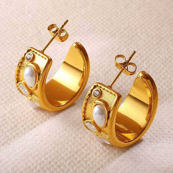 1 Pair Stainless Steel Gold Color Artificial Pearl Hoop Earrings h5Picture3