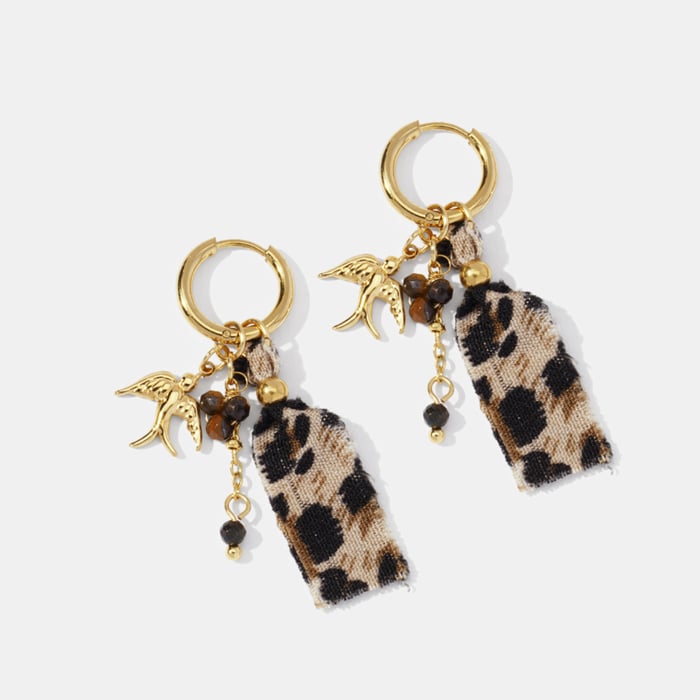 Leopard Fabric Bird Stainless Steel Gold Color Drop Earrings h5Picture2