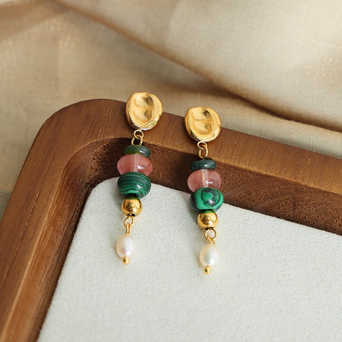 1 Pair Designable Natural Stone Beads Stainless Steel Gold Color Women's Drop Earrings h5Picture5