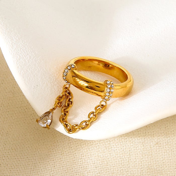 1 Piece Luxurious  Retro Droplet Chain Stainless Steel   Zircon Statement Rings h5Picture2
