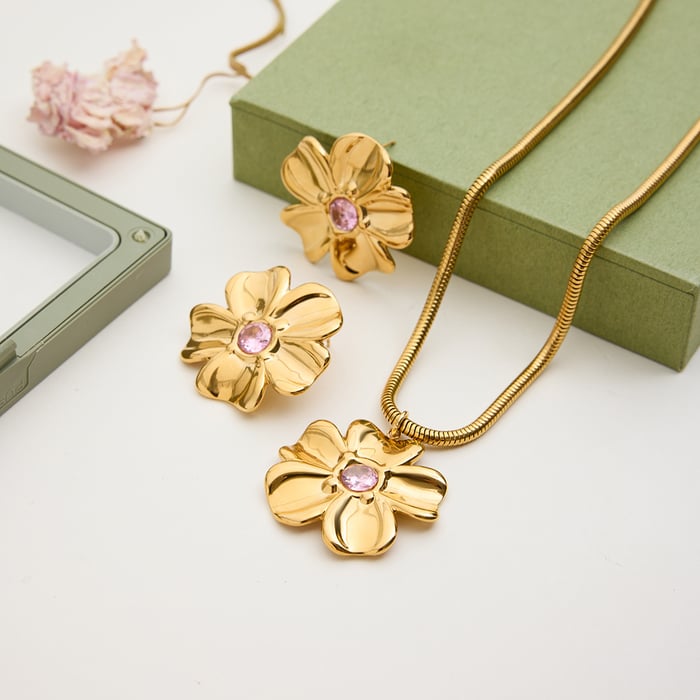 Sweet Flower Stainless Steel Gold Color Women's Jewelry Sets h5Picture5