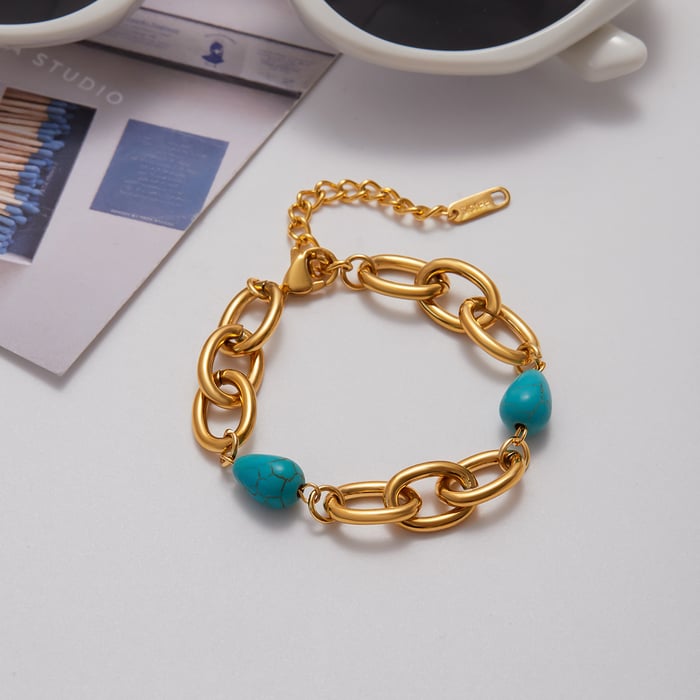1 Piece Retro Calaite Beads Chain Stainless Steel Gold Color Women's Beaded Bracelets Picture5