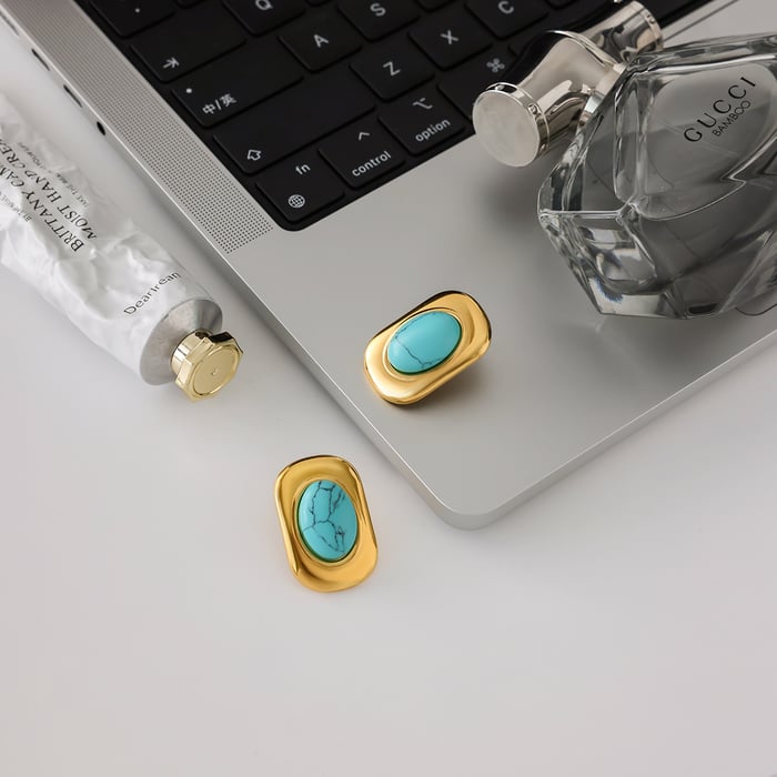 1 Pair Classic Rectangle Oval Calaite Stainless Steel Gold Color Women's Stud Earrings h5Picture5