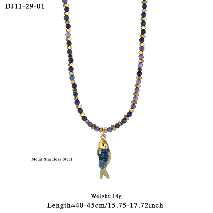 1 Piece Vintage Fish Stainless Steel Gold Color Natural Stone Women's Beaded Necklaces Picture2