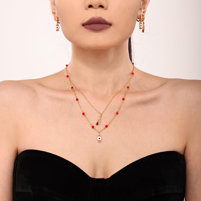 Christmas Element Stainless Steel Gold Color Garnet Women's Jewelry Sets h5Picture3