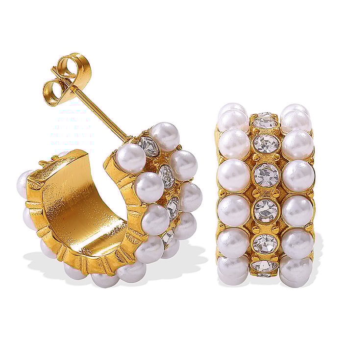 1 Pair Stainless Steel Gold Color Rhinestone Pearl Hoop Earrings h5Picture4