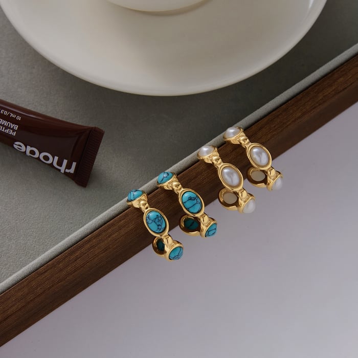 1 Pair Elegant Natural Stone Circle Stainless Steel Gold Color Women's Hoop Earrings h5Picture6