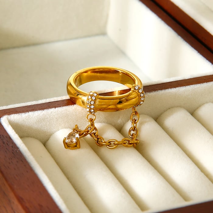 1 Piece Luxurious  Retro Droplet Chain Stainless Steel   Zircon Statement Rings h5Picture7