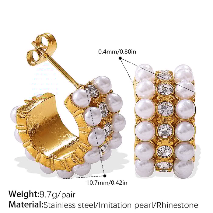 1 Pair Stainless Steel Gold Color Rhinestone Pearl Hoop Earrings