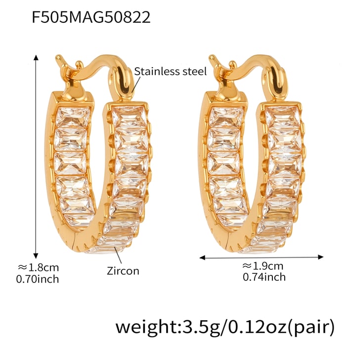 1 Pair Luxurious Stainless Steel Gold Color Zircon Women's Hoop Earrings