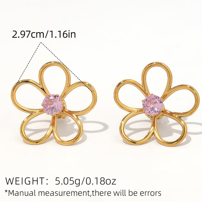 1 Pair Simple Natural Flower Stainless Steel  Gold Color Zircon Statement Rings h5Picture2