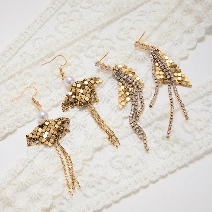 1 Pair Luxurious Tassel Stainless Steel Gold Color Zircon Women's Dangle Earrings h5Picture5