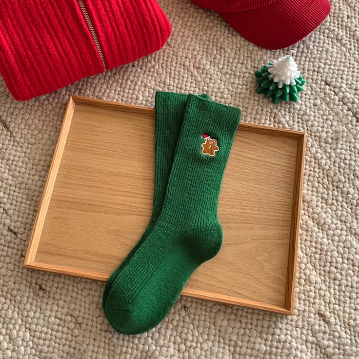 1 Paar Damen-Wadensocken aus Baumwolle mit Weihnachtsstickerei