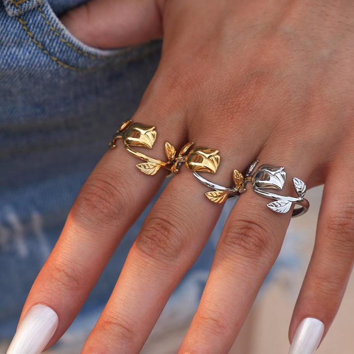 1 Piece Retro Flower Rose Stainless Steel  Gold Color Women‘s  Statement Rings h5Picture6