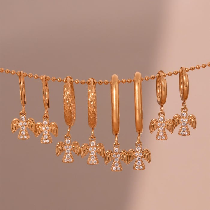1 Pair Classic Angel Stainless Steel Gold Color Zircon Women's Drop Earrings h5Picture2