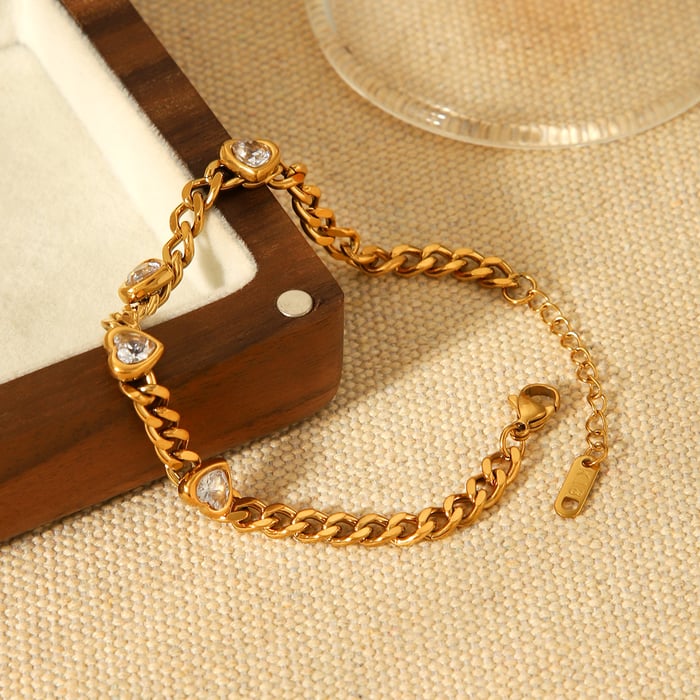 1 Piece Luxurious Heart Stainless Steel Gold Color Zircon Women's Chain Bracelets h5Picture5