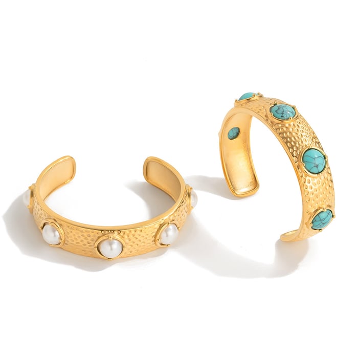 1 Piece Retro Circle Stainless Steel Gold Color Natural Stone Women's Cuff Bracelets h5Picture6