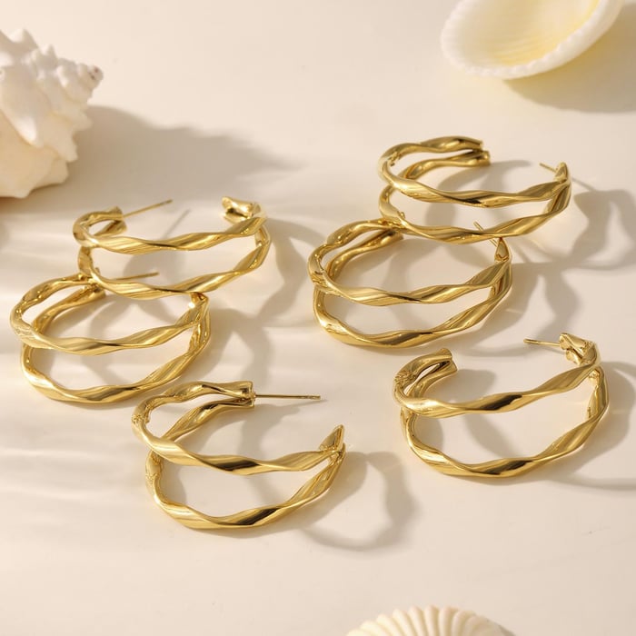 1 Pair Double Circle Stainless Steel Gold Color Women's Hoop Earrings h5Picture6