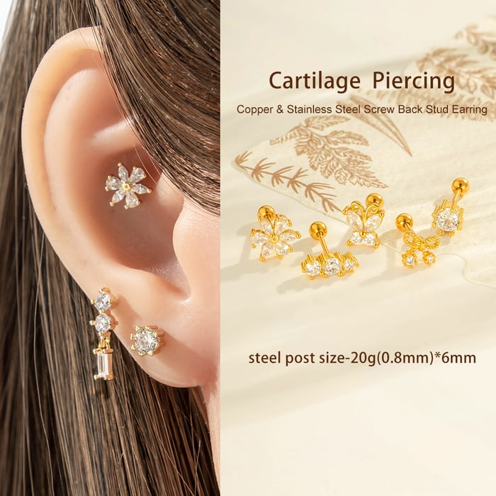 1 Piece Flower Bow Knot Butterfly Copper Gold Color Zircon Piercing Earring h5Picture4