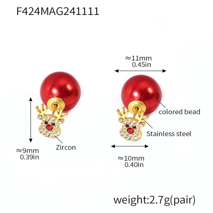 1 Pair Christmas Elk Stainless Steel Gold Color Zircon Women's Stud Earrings