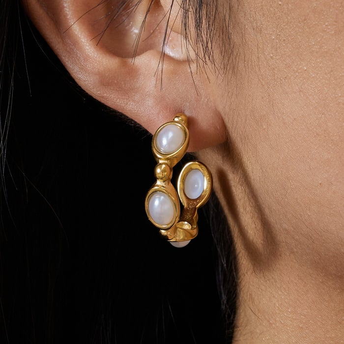 1 Pair Elegant Natural Stone Circle Stainless Steel Gold Color Women's Hoop Earrings h5Picture4