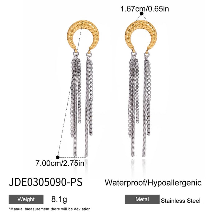 1 Pair Casual Tassel Moon Stainless Steel Gold Color Women's Dangle Earrings h5Picture2