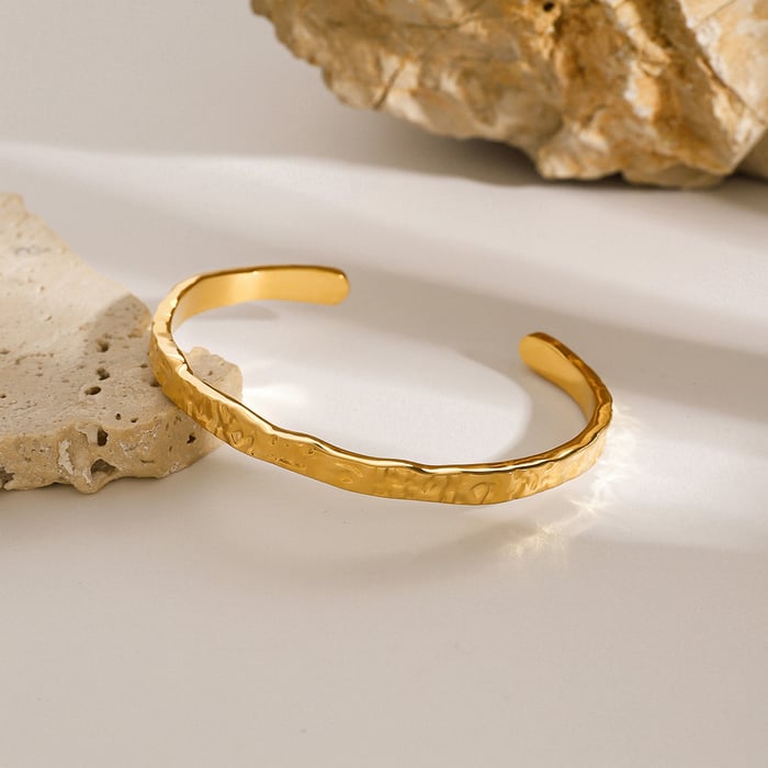 1 Piece Circle Hammered Texture Stainless Steel Gold Color Women's Cuff Bracelets h5Picture8