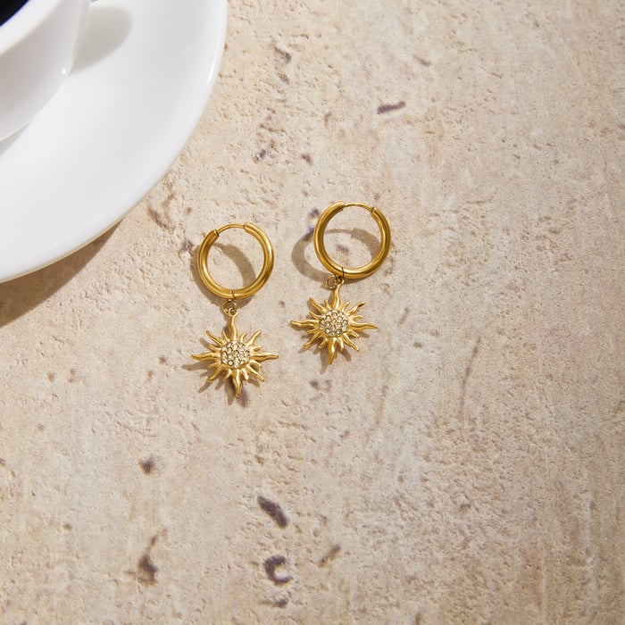 1 Pair Intricate Sun Stainless Steel Gold Color Women's Drop Earrings h5Picture6