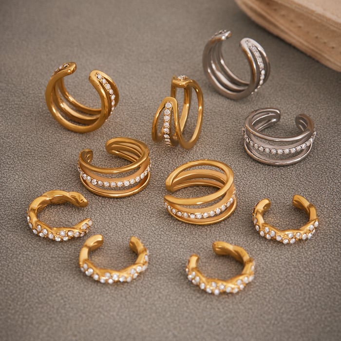 1 Pair Twist Circle Stainless Steel Gold Color Zircon Women's Ear Cuffs h5Picture4