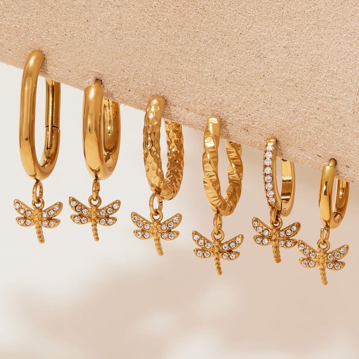 1 Pair Exquisite Dragonfly Stainless Steel Gold Color Zircon Women's Drop Earrings h5Picture6