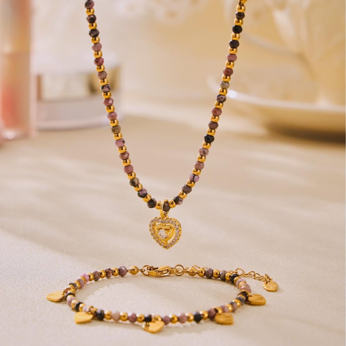 Vintage Herz Edelstahl Gold Farbe Naturstein Damen Schmuck Sets h5Bild4
