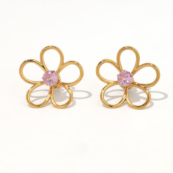 1 Pair Simple Natural Flower Stainless Steel  Gold Color Zircon Statement Rings