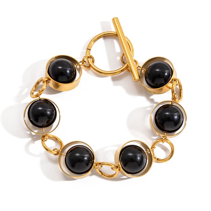 1 Piece Black Glass Beads Stainless Steel Gold Color Women's Beaded Bracelets 