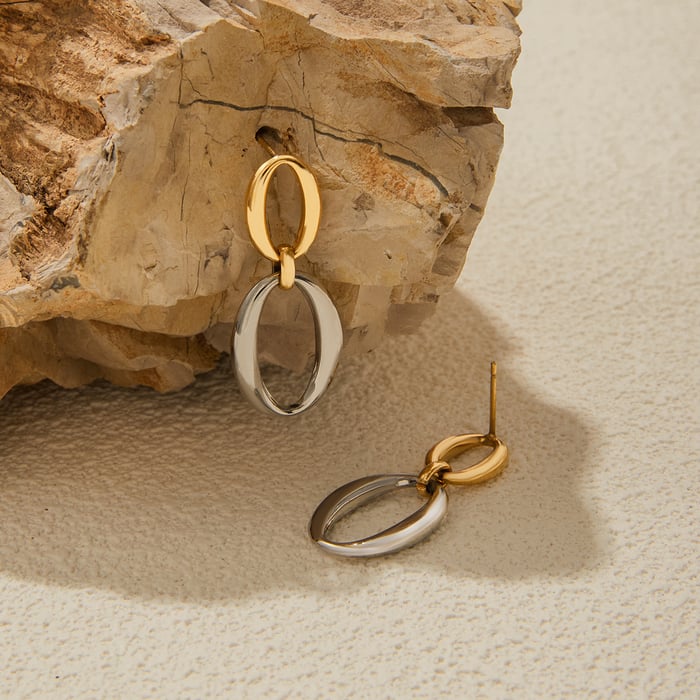 1 Pair Classic Double Circle Stainless Steel Gold Color Women's Drop Earrings h5Picture4