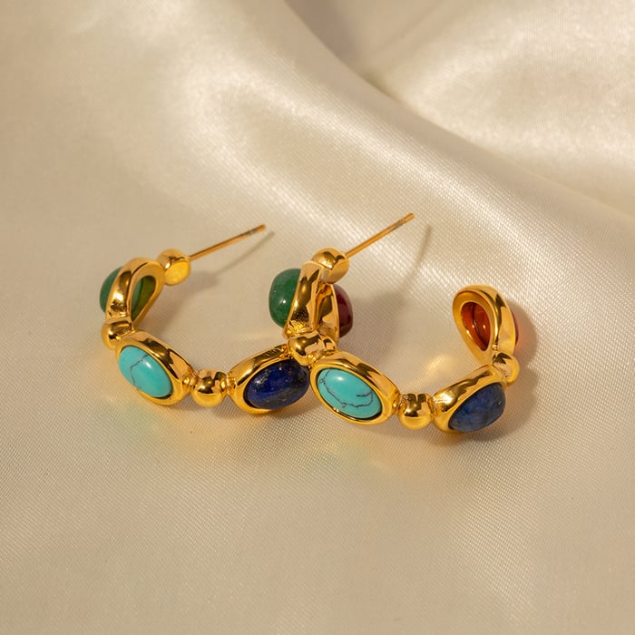 1 Pair Elegant Natural Stone Circle Stainless Steel Gold Color Women's Hoop Earrings h5Picture8