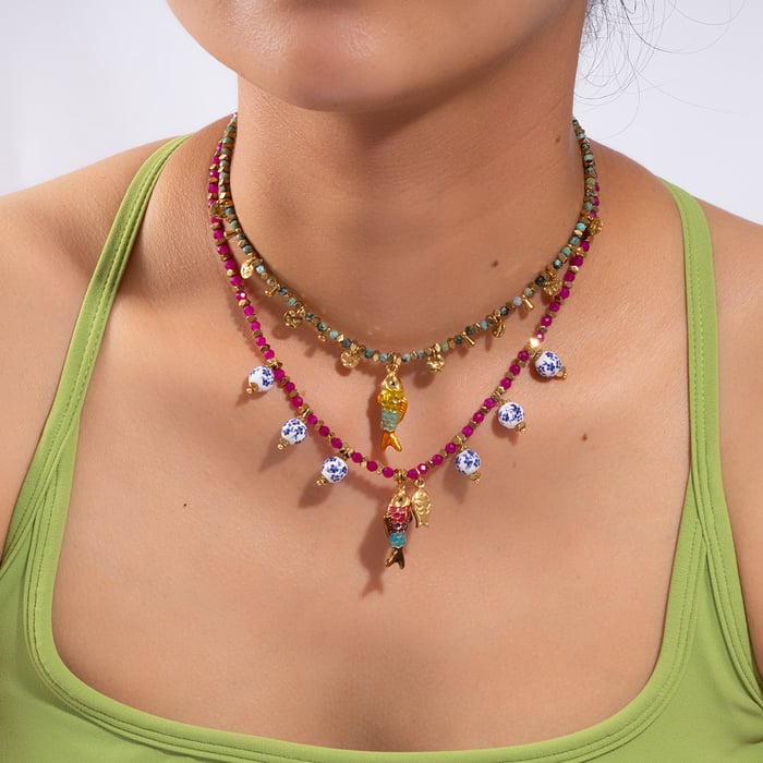 1 Piece Vintage Fish Stainless Steel Gold Color Natural Stone Women's Beaded Necklaces Picture5