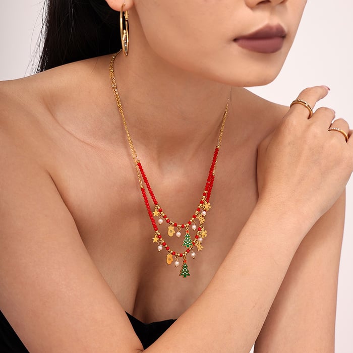 Classic Christmas Tree Stainless Steel Gold Color Zircon Women's Pendant Necklaces h5Picture5