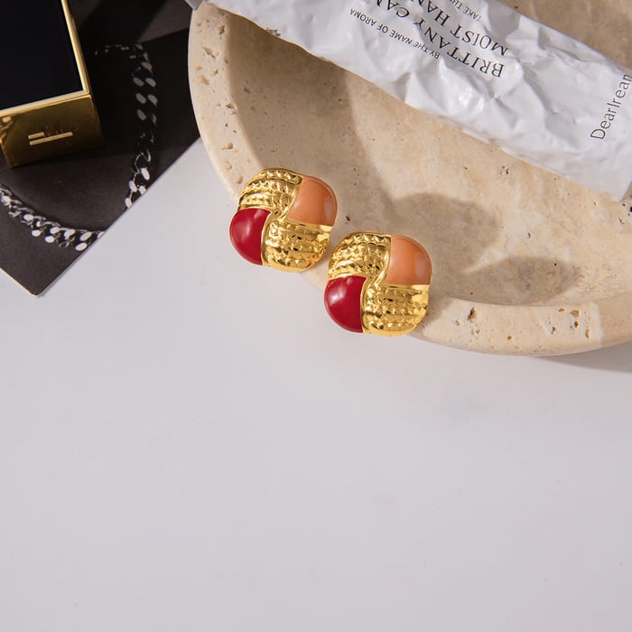 1 Pair Luxurious Chequer Mixed Color Stainless Steel Gold Color Women's Stud Earrings h5Picture4
