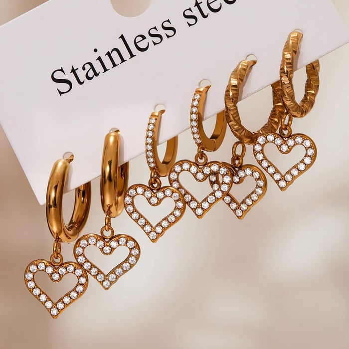 1 Pair Exquisite Heart Stainless Steel Gold Color Zircon Women's Drop Earrings h5Picture5